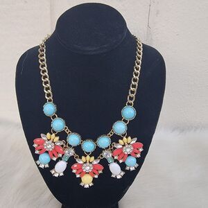 Statement Gold Tone Mulit Color blue , Orange, Yellow & Wht Bib Necklace